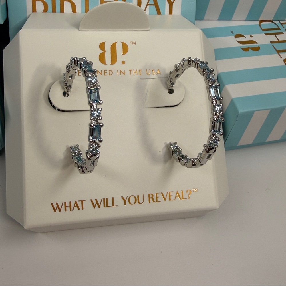 Dazzling “Bella Rose” Rhodium and Aquamarine Hoop Earrings